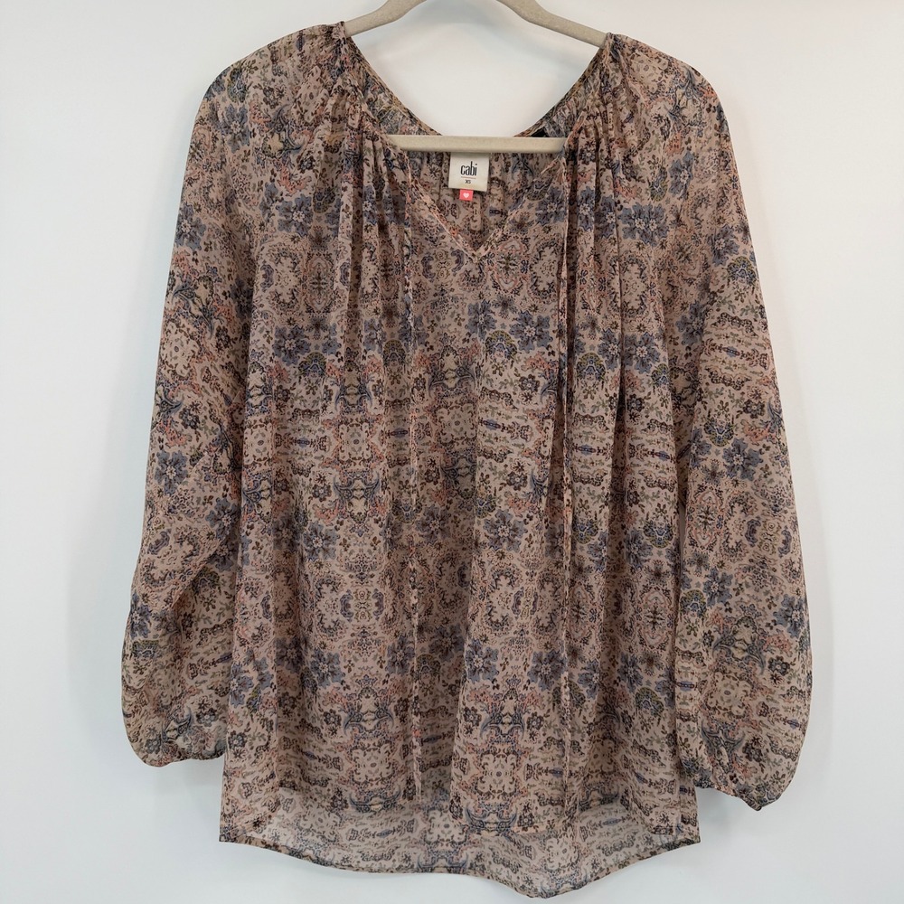 Cabi 5028 Sienna‎ Peasant Blouse XS Paisley Floral Sheer Cottage Boho Tie Neck